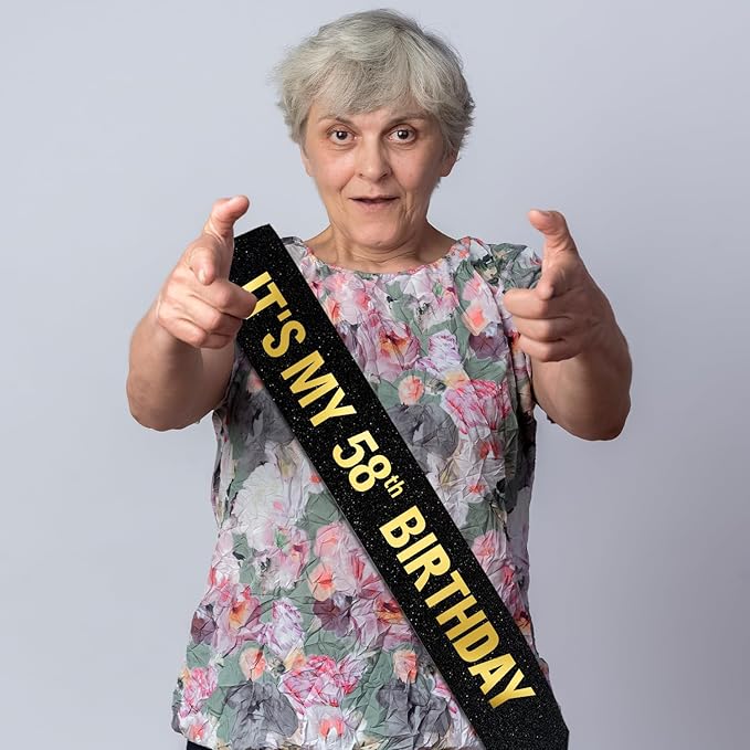 It's My 58th Birthday Sash for Men Women, Black Glitter Sash with Gold Foil