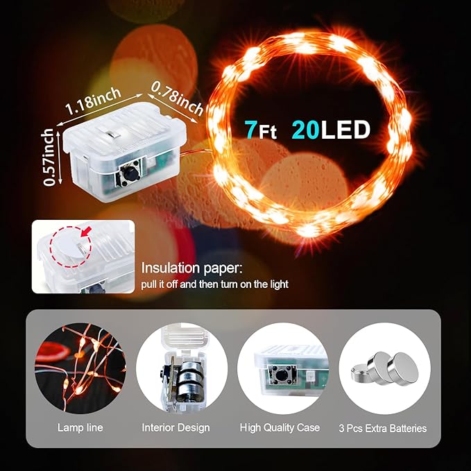 pozzolanas 12 Pack Orange Fairy Lights Battery Operated 3 Modes 7FT 20 LED Waterproof String Lights Twinkle Silver Wire for Mason Jars Wedding Christmas Halloween Party Decor (12, Orange)