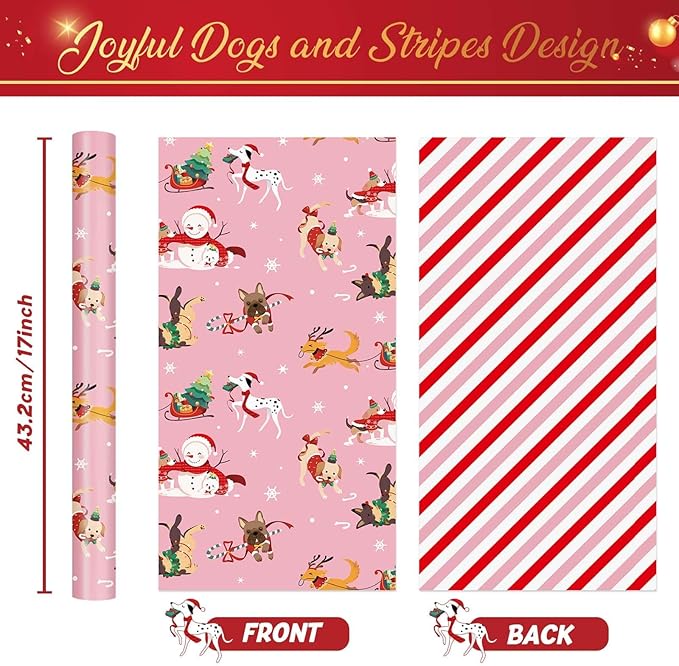 WERNNSAI Dog Christmas Wrapping Paper Roll - 1 Roll 17”x 33 ft Pink Puppy Christmas Wrapping Paper Reversible Red Candy Cane Stripe Gift Wrap for Kids Adults Xmas Winter Puppy Party Celebration