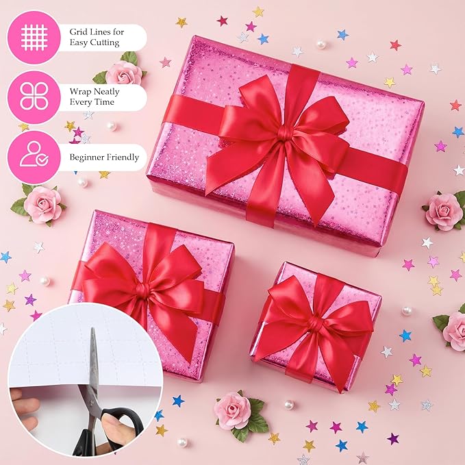 Bafeil Pink Wrapping Paper Roll, Holographic Wrapping Paper Birthday Girl, 80gsm Iridescent Star Gift Wrap Papers for Birthday, Wedding, Baby Shower, Mothers Day, Graduation 17 IN x 32.8 FT