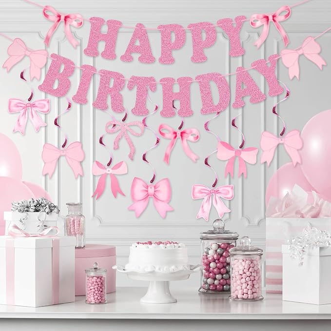 jijAcraft Pink Happy Birthday Banner, Pink Bow Party Banner with 14Pcs Bow Swirls Hanging Garland, Girl Baby Shower Garland, Coquette Birthday Decoration for Wall, Fireplace, Window