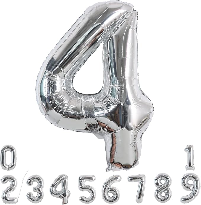 TONIFUL 40 Inch Silver Large Numbers Balloons 0-9, Number 4 Digital 4 Helium Foil Mylar Big Number Balloons for 2026 Graduation New Year Eve Birthday Party Anniversary Supplies Decorations