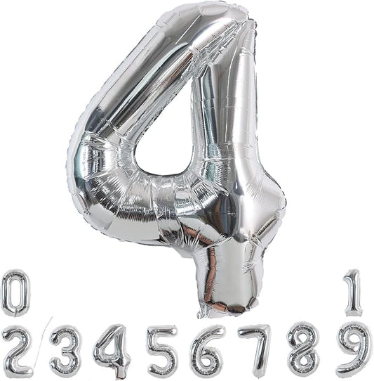 TONIFUL 40 Inch Silver Large Numbers Balloons 0-9, Number 4 Digital 4 Helium Foil Mylar Big Number Balloons for 2026 Graduation New Year Eve Birthday Party Anniversary Supplies Decorations