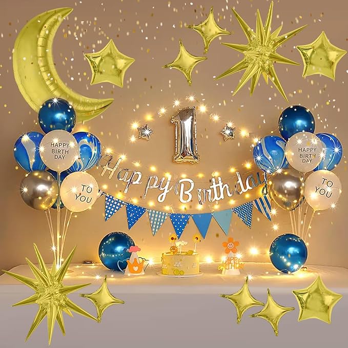 TONIFUL 44Pcs Gold Moon Explosion Star Foil Balloons Kit Large Moon Shape Star Mylar Foil Balloons for Birthday Wedding Baby Shower Anniversary Engagement Party Decorations Supplies