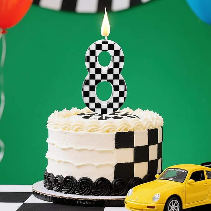 Racing Car Themed Birthday Candles, Number 8 Checkered Candles, Black & White Checkered Cake Decoration, Car Cake Topper for Party Decoration Theme Party Supplies