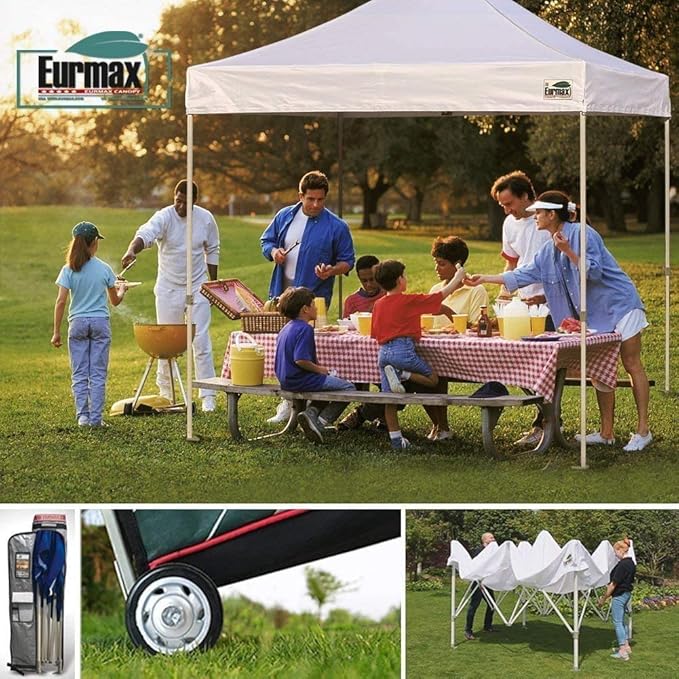 Eurmax USA 8x8ft Pop Up Canopy, Commercial Instant Tent for Outdoor Events, Patented No-Tip Rolling Storage Bag with 4 Sandbags, UV & Water Resistant, Heavy Duty Portable Shelter Gazebo,Burgundy