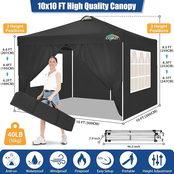 COBIZI 10x10 Pop Up Canopy Tent, One Push Outdoor Gazebo with 4 Removable Sidewalls & Air Vent, Waterproof Commercial Easy Up Adjustable Canopy with 4 Sandbags, 4 Stakes & 8 Ropes for Party,Black