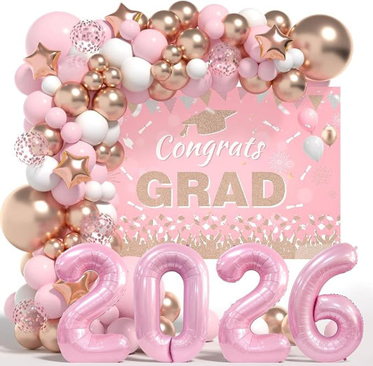 Graduation Decorations Class of 2026: Pink and Gold Graduation Balloons Arch Kit 2026 Grad Party Decorartion with Congrats Grad Backdrop Party Supplies for High School & College Celebrations