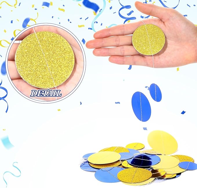 Outus 5 Pieces Blue,Gold Round Dots Garland Graduation Party Hanging Decor Each Length 13.1ft Glitter Paper Dot Streamers for Birthday Wedding Classroom Supplies