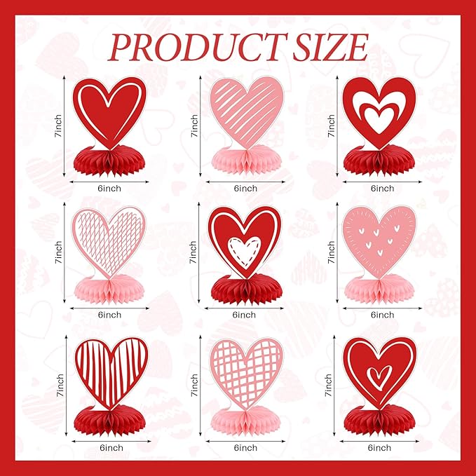 9Pcs Valentine's Day Honeycomb Centerpieces 3D Conversation Heart Tabletop Decorations Red Pink Love Table Topper Centerpiece for Wedding Anniversary Party Home Kitchen Table Decor