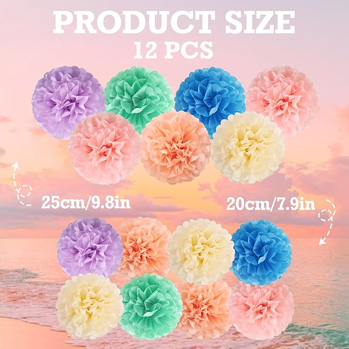 EASY JOY 15PCS Pastel Paper Tissue Pom Poms Decoration Macaron Rainbow Candy Ice Cream Easter Flowers Wall Hanging Decor for Birthday Wedding Baby Shower