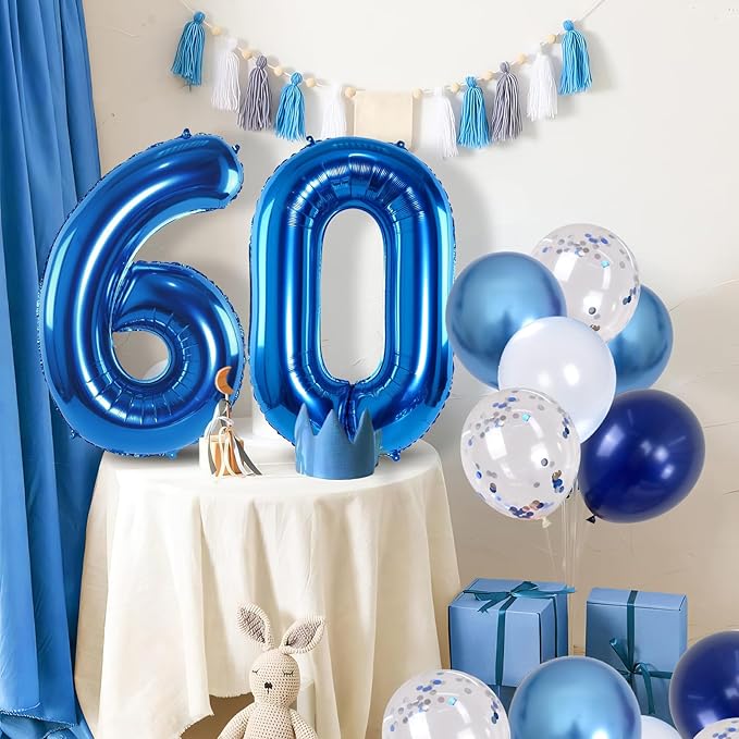 60 Balloon Number Blue, Big Number 60 Balloon Pastel Navy Dark Blue with Metallic Silver Confetti Balloon for Men 60th Birthday, Foil 40'' Self Inflating Balloon 60 for Anniversary Party Decorations