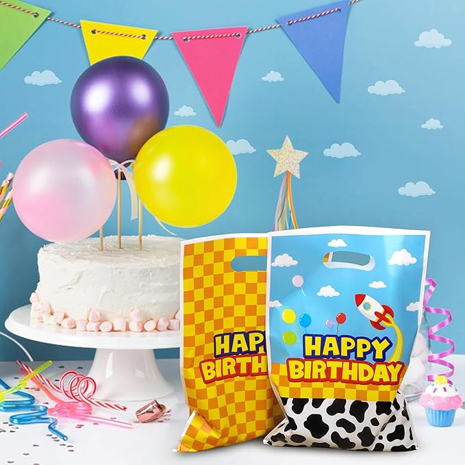 Bsenhe 60PCS Cartoon Goodie Bags, Cartoon Birthday Party Favor Gift Bags Blue Sky White Cloud Cow Plastic Candy Bags for Themed Party with Handle