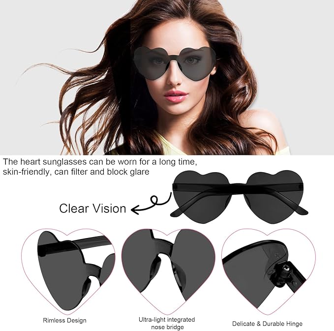 NACHLYNN 12 Pairs Black Rimless Heart Shaped Sunglasses for Women - Candy Heart Glasses for Party Favors