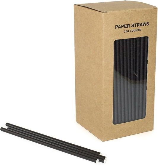 Plain Black Paper Straws Bulk, Pure Solid All Black Paper Drinking Straws for Wedding Birthday Party Holiday Halloween Graduation New Year, Mason Jar Straw, Cake Pop Sticks (Black, 250)