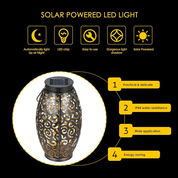 2 Pack Metal Hanging Solar Lanterns - Outdoor Solar Powered Lanterns with Handle, Waterproof, Decorative Garden Lights for Patio, Yard, Pathway, Walkway, Porch