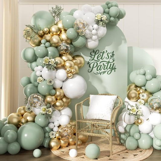 Sage Green White Gold Garland Arch Kit 173Pcs Latex Balloons - 22 18 12 10 5in Different Size Party Balloon Arch Kit for Birthday Baby Shower Wedding Gender Reveal Bridal Party Decoration