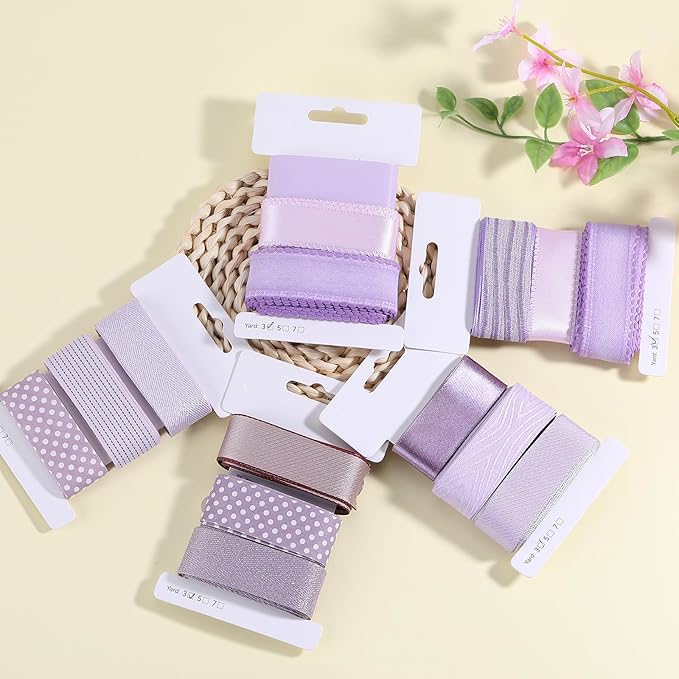BEEFLYING 3 Styles Lavender Wire Edged Ribbons for Gift Wrapping, 25~28mm×2.7m Satin Ribbons for Wedding Party Decoration Hair Bows Flower Designs Sewing and Craft, 9 Yards