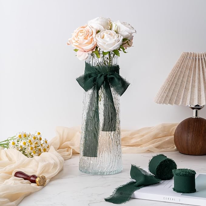 Husfunov Green Handmade Chiffon Ribbon,1.5Inch x 3 Rolls Total 24 Yards Green Fringe Chiffon Silk Ribbon,for Wrapping Wedding Invitations,Bridal Bouquets,DIY Crafts,Home Decor and More