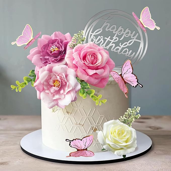 19 PCS Flower Cake Toppers Butterfly Cake Decorations with Artificial Pink Rose Flowers Eucalyptus Butterflies for Girls Birthday Party Wedding Baby Shower Supplies (HOT PINK)