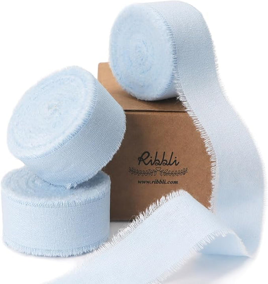 Ribbli 3 Rolls Light Blue Ribbon 1 Inch x 18 Yards Handmade Cotton Frayed Fringe Ribbons for Gift Wrapping Wedding Invites Bridal Bouquets Baby Shower DIY Crafts Home Decor