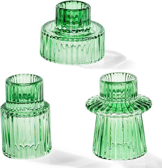 Homemory Colorful Glass Candle Holders, 3 Pcs Green Tea Light Holders, Taper Glass Candlestick Holder, Votive Candle Holders for Tables Wedding Centerpieces, Shabbat, Home Decor, Christmas
