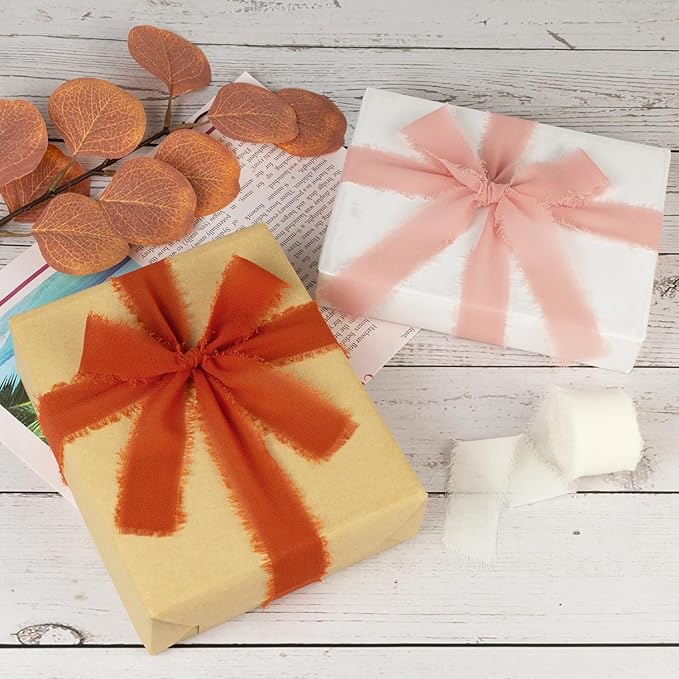 Terracotta Chiffon Ribbon 1 Inch x 21Yds Handmade Fringe Chiffon Silk Ribbon Dusty Pink/Cream Frayed Chiffon Ribbon for Thanksgiving Wedding Invitation Flower Bouquets Bridal Shower Gift Wrapping