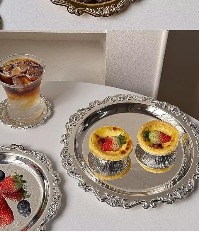 Round Decorative Tray 9.8in Metal Dessert Plates Vintage Coffee Table Tray for Snacks Fruit Silver
