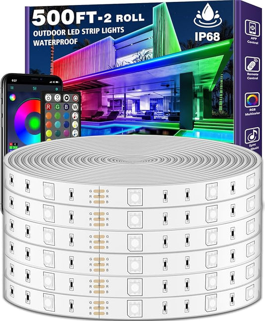 LETIANPAI 500ft Outdoor LED Strip Lights Waterproof 1 Roll,IP68 Outside Led Light Strips with App and Remote,Music Sync RGB Exterior Rope Self Adhesive Back for Deck,Balcony,Pool