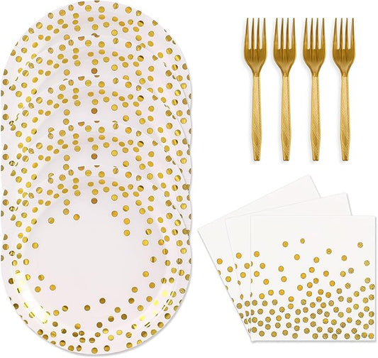 48PCS White and Gold Plates and Napkins Party Supplies, Gold Dot Disposable Party Paper Plates and Napkins with Forks Tableware Set for Wedding Baby Shower Birthday Decorations 16 Guests