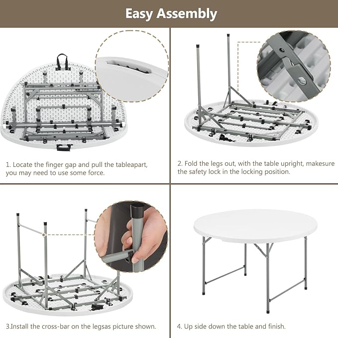 OS MOTOR 4.5ft Round Folding Table with Carry Handle, Portable Heavy Duty Plastic Utility Table with Steel Legs for Party, Wedding, Camping, Indoor, Outdoor Event, 54 Inch, White