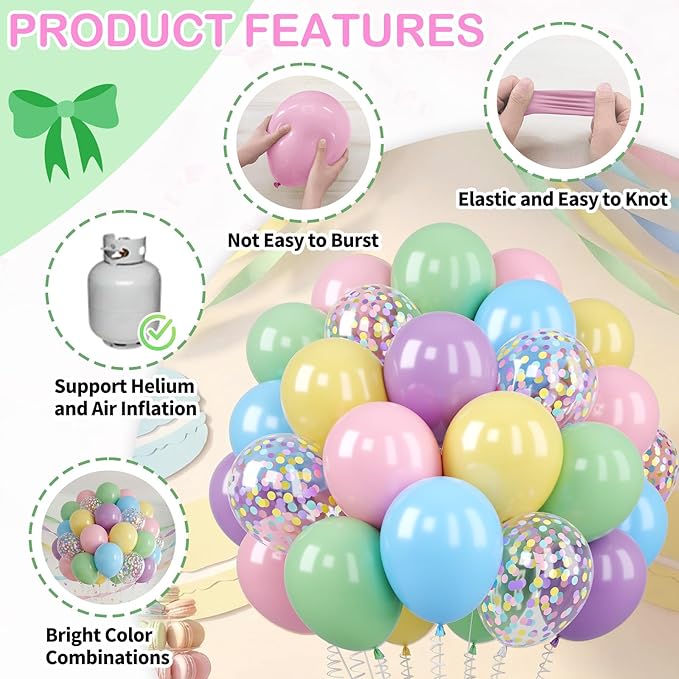 Pastel Balloons Set, 60PCS Macaron Light Pink Yellow Green Blue Purple Balloon, 12 Inch Colorful Confetti Balloons Rainbow Helium for Girls Easter Birthday Wedding Baby Shower Party Decorations