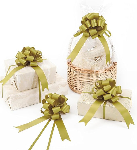 HUIHUANG Gold Christmas Bows for Gift Wrapping 12 PCS Gold Pull Bows 4" x 8" Satin Gift Bow for Presents, Gift Basket, Paper Bag, Wrapping Accessories, Wreaths, Wedding Christmas Decor