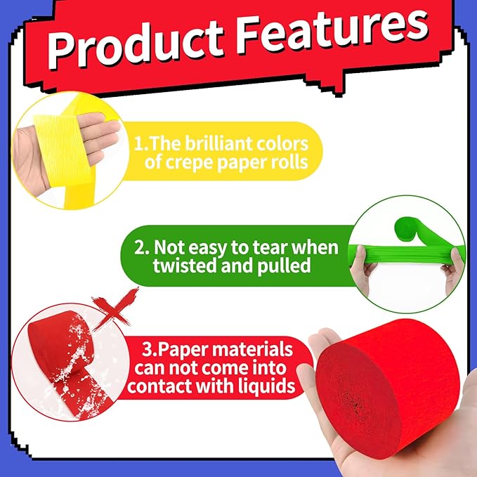 Super Brothers Birthday Party Decoration, 8 Rolls Red Green Blue Yellow Crepe Paper Streamers, for Boys Girls Game Theme Adventures Party Supplies