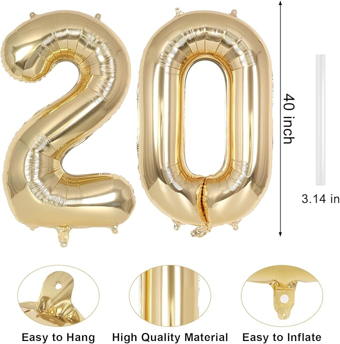 Champagne Gold Large Number 20 Balloon, 40 Inch Light Gold Foil Helium Number Balloons, Giant Mylar Number 20 Balloons for 20 Years Old Birthday Party Anniversary Decorations (Champagne Gold 20)
