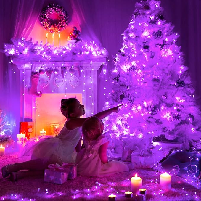 JMEXSUSS Purple Christmas Lights Indoor Outdoor Clear Wire, 66ft 200 LED Purple Lights for Christmas Tree, 8 Modes Deep-Violet String Lights Plug in for Christmas Bedroom Garden Party Xmas Decorations