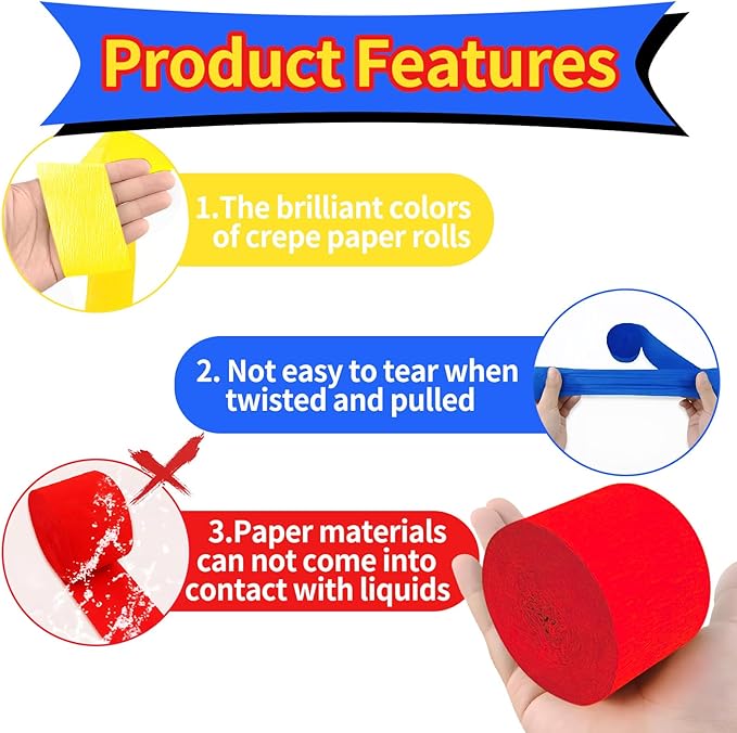 Cartoon Hedgehog Themed Decorations, 8 Rolls Red Blue Crepe Paper Streamers, Yellow Pin Black Streamer Party for Boys Kids Carnival Circus Birthday Party Decorations