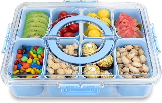 Divided Serving Tray with Lid and Handle,8 Compartments Snacks Box,Snack Fruit Veggie Tray,Portable Platter for Candy Fruits Nuts Snack Party Entertaining Picnic (Blue)