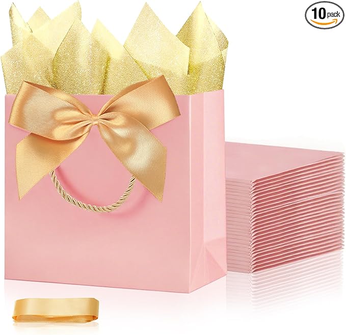 SHIPKEY 10PCS Pink Gift Bags, 11"x4"x8" Medium Welcome Bags, Luxury Shopping Bags with Ribbon Handle and Bows (28x10x20cm)