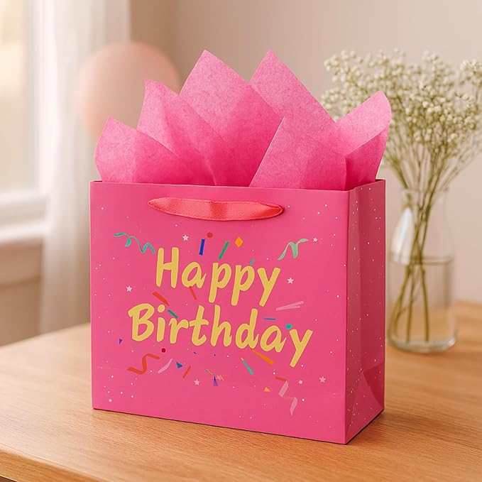 Febbleshow Pink Birthday Gift Bags with Tissue Paper - Matte Finish with Gold Foil Lettering and Confetti Design - Birthday Party Gift Bag for Men Women Kids - 13"x10.3"x4.7" (Pack of 2)