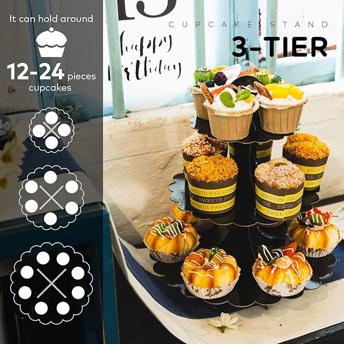 3-Tier Cupcake Stand Tower 2-Pack, Black Cardboard Dessert Display Holder for Weddings Birthdays Baby Showers Graduations, Easy Assembly Heart Handle - Perfect One-Time Events