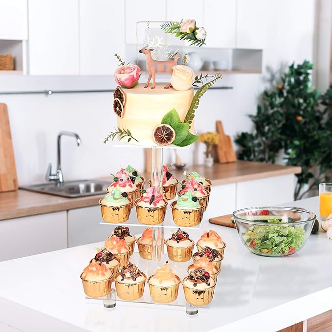 YestBuy Cupcake Stand, 3 Tier Cupcake Stand for 24 Cupcakes, Clear Acrylic Cupcake Tower, Cupcake Display Stand for Dessert Table, Muffin Holder for Party