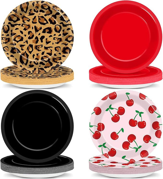 48Pcs Leopard Print Party Paper Plates 7”Red and Black Cherry Birthday Party Supplie Leopard Cherry Theme Disposable Dessert Dinner Plate Tableware for Girls Women Wedding Coquette Party Decoration
