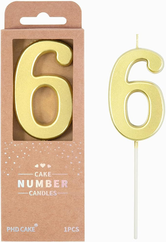 PHD CAKE 2.76 Inch Modern Gold 6 Number Birthday Candles, Gold Number Candles, Cake Number Candles, Party Celebration