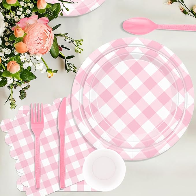 175 Pcs Pink Gingham Party Supplies for 25 Guests, Pink and White Checkered Paper Plates, Cups and Napkins Sets for Baby & Bridal Shower, Wedding, Birthday Party, Outdoor Picnic