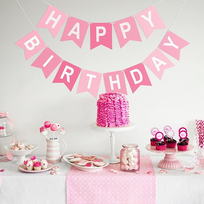 Happy Birthday Banner Birthday Party Banner NO DIY Happy Birthday Sign Pre-Strung Birthday Hanging Decoration for Women Men Girl Boy Party Supplies (Pink)