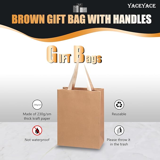 Brown Kraft Paper Gift Bags, 20pcs Medium Size, 8"x4.25"x10.5" - Perfect for Parties, Birthdays, Weddings, Shopping & Retail
