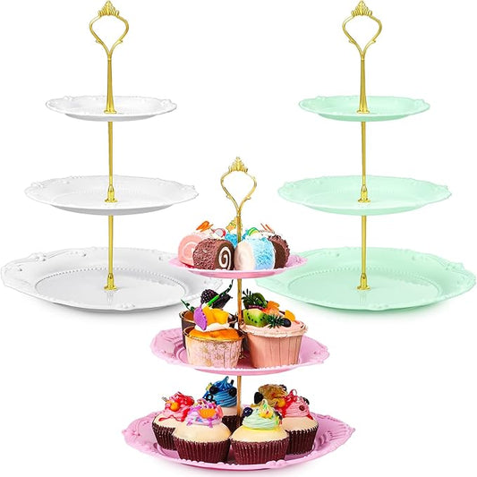3 Sets Tea Party Decorations of 3 Tier Wedding Plastic Dessert Table Display Set Cupcake Stand Dessert Plates Cake Candy Display Tower Wedding Birthday Baby Shower Tea Party Decoration