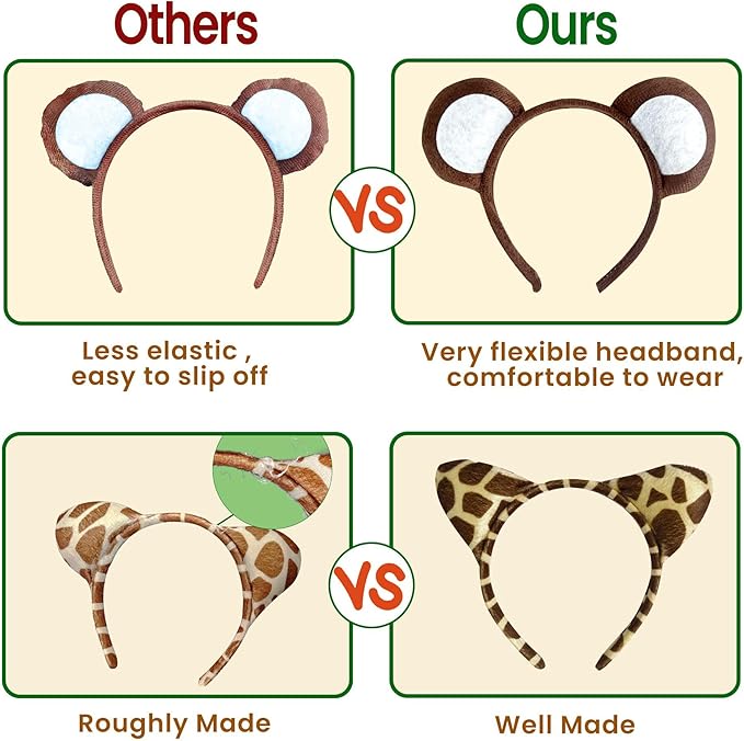 16Pcs Jungle Animal Ears Headbands as Safari Party Favors Wild One Birthday Decorations Plush Animal Headpiece for Kids Adults