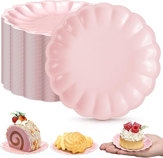 Yungyan 100 Pcs Mini Dessert Plates Cupcake Plates 3.5 Inch Pink Scalloped Rim Mini Paper Dessert Dish for Cake DIY Baking Party Wedding Birthday